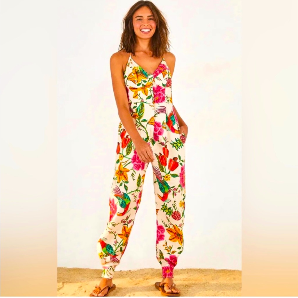 Farm Rio Toucan Garden Neck Halter Jumpsuit